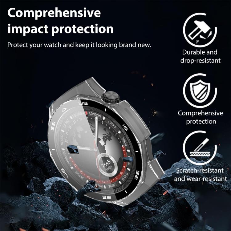 Clear watch case fitted on a watch, showing its impact and scratch protection design