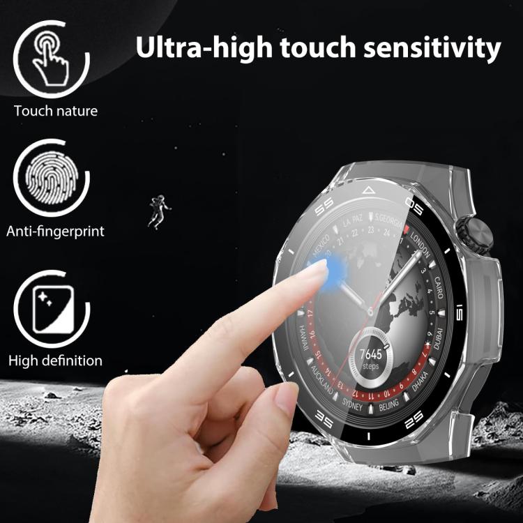 Clear protective watch case fitted on a watch with a finger touching the screen