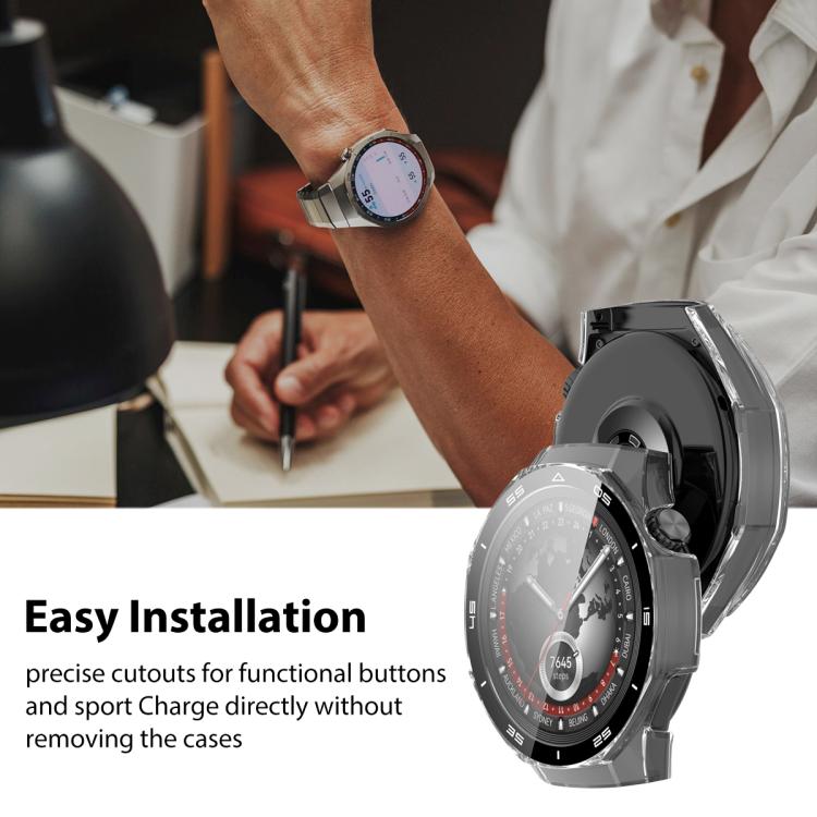 Watch protective cover shown fitting over a smartwatch with functional button cutouts