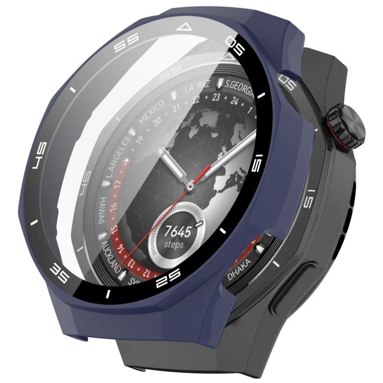 Midnight blue protective watch case with black-and-silver numbered bezel, shown fitted on a watch