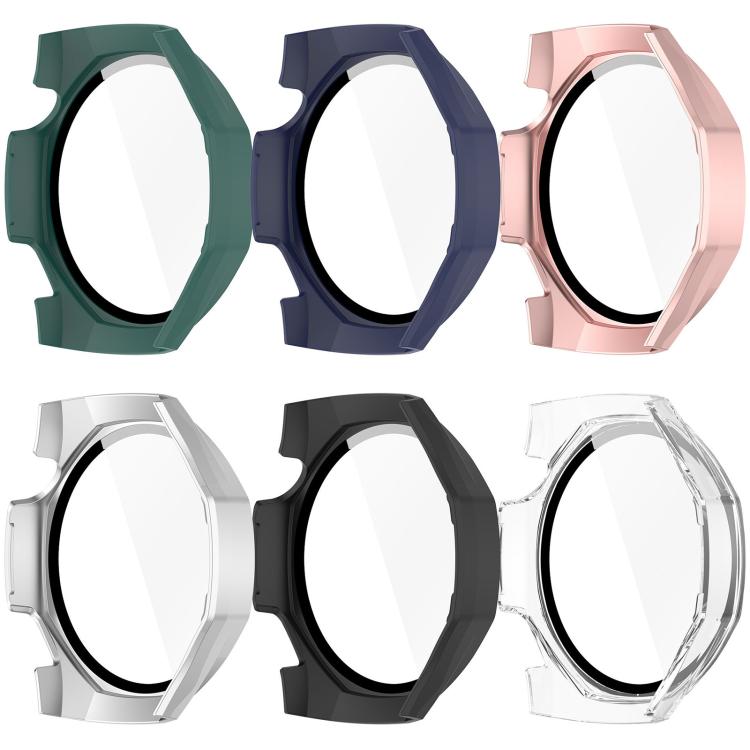 Six protective watch cases in green, blue, pink, silver, black, and clear