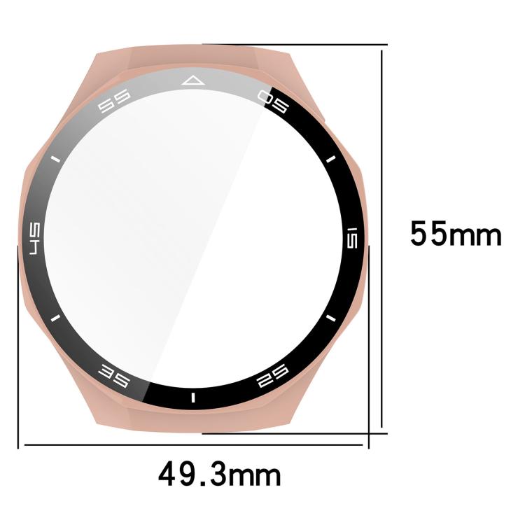 Watch protective cover with black bezel, shown with 55 by 49.3 mm dimensions