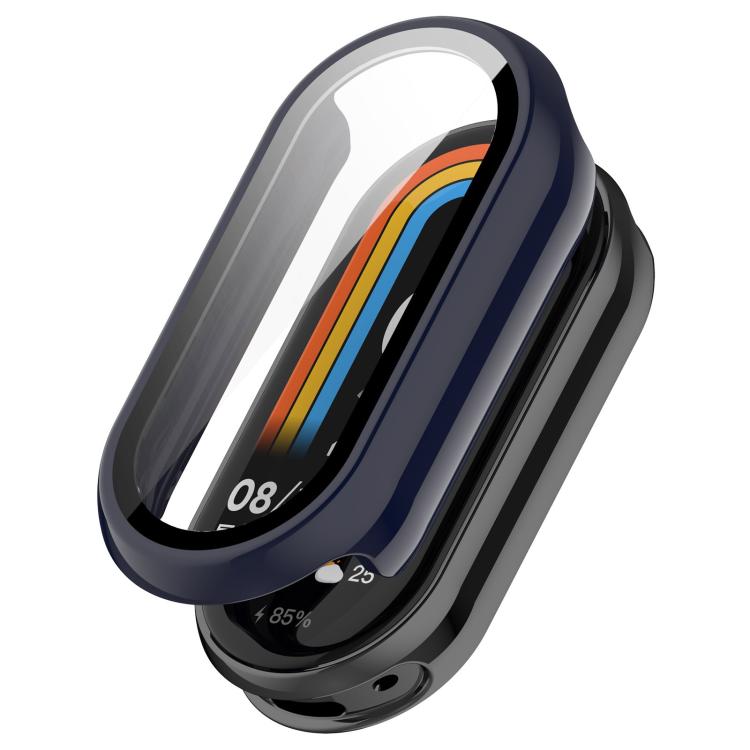 Navy blue watch band protective cover fitted over a smart band