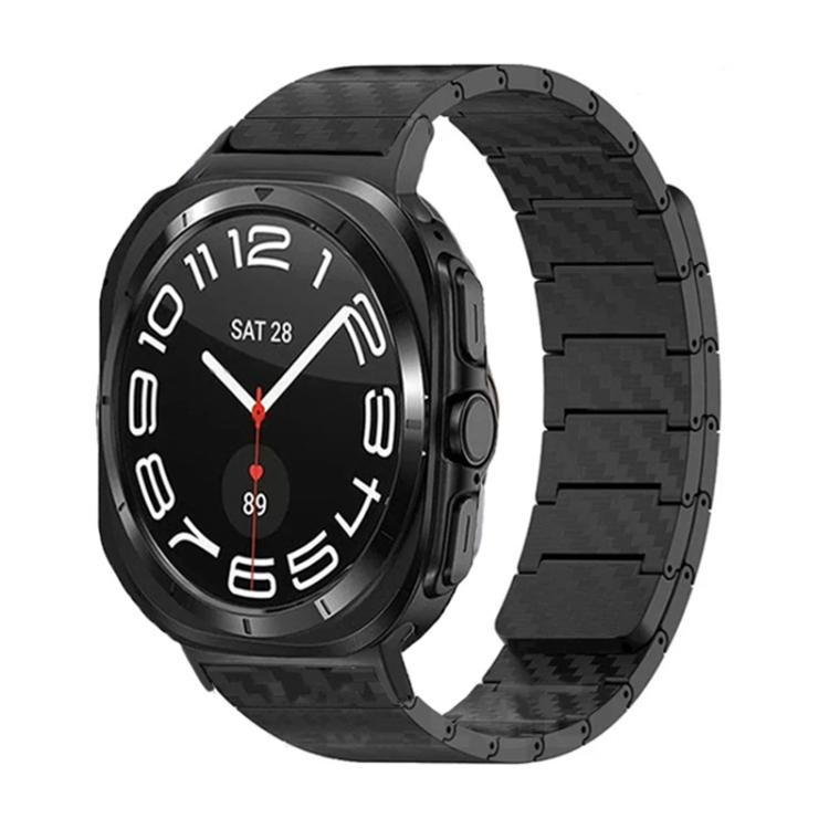 Black magnetic watch band with a carbon-fiber pattern and segmented links