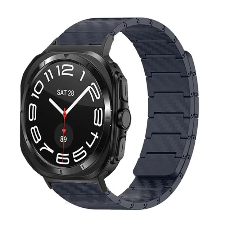 Navy magnetic watch band with a carbon-fiber pattern, shown fitted to a smartwatch