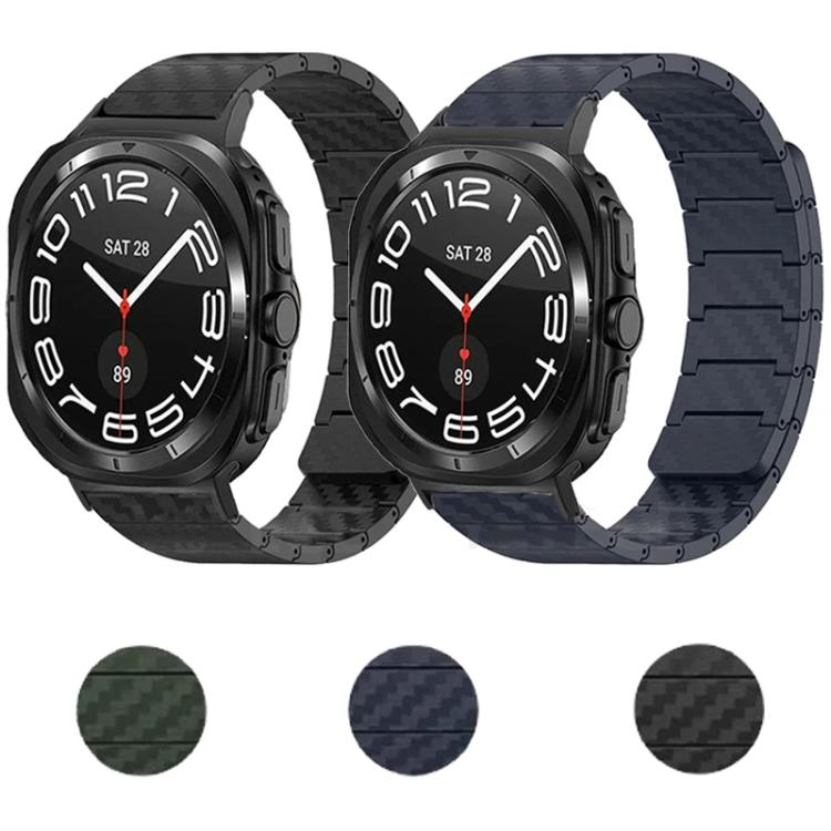Black and navy carbon-fiber magnetic watch bands with green, navy, and black color swatches