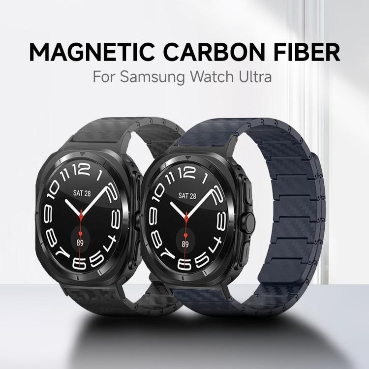 Black and navy carbon-fiber magnetic watch bands fitted to smartwatches
