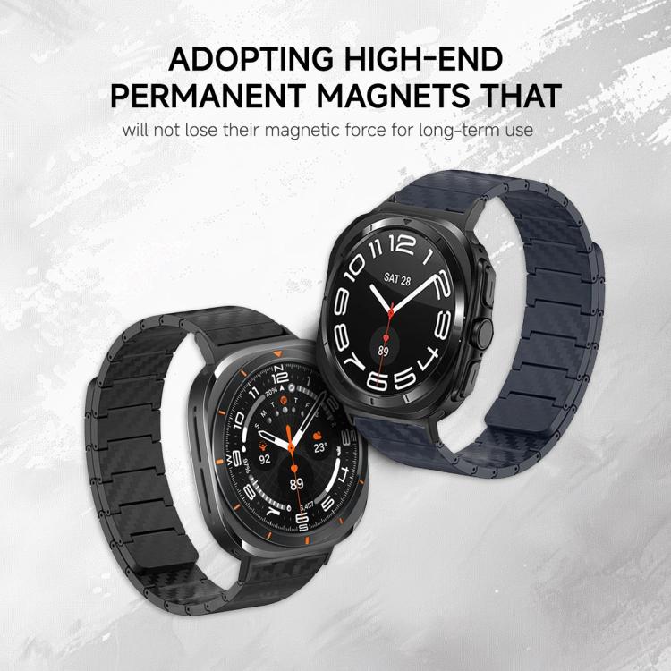 Black and navy carbon-fiber magnetic watch bands shown on smartwatches