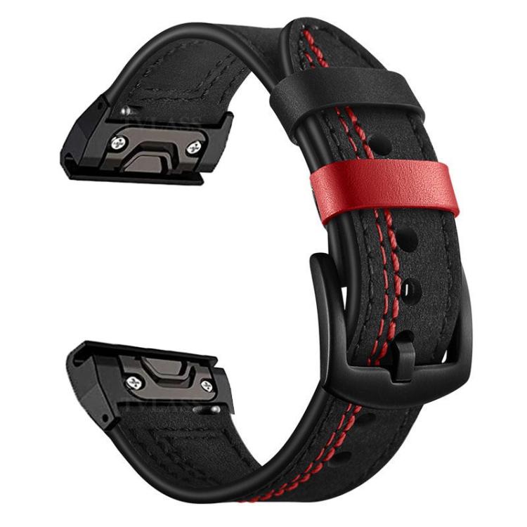 Black leather Garmin watch band with red stitching, buckle, and red keeper