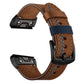 Brown leather Garmin watch band with blue stitching and navy keeper
