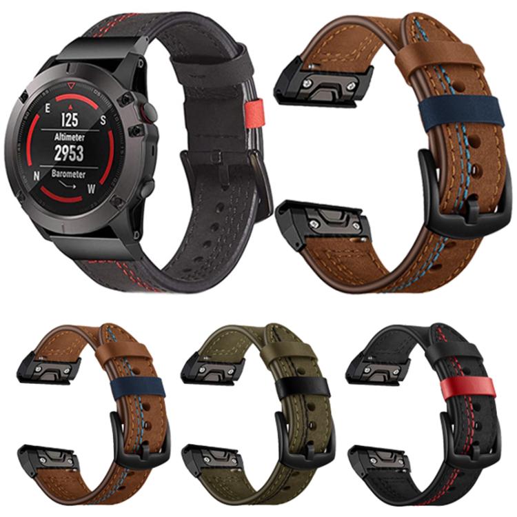 Garmin watch and leather band options in black, brown, and olive