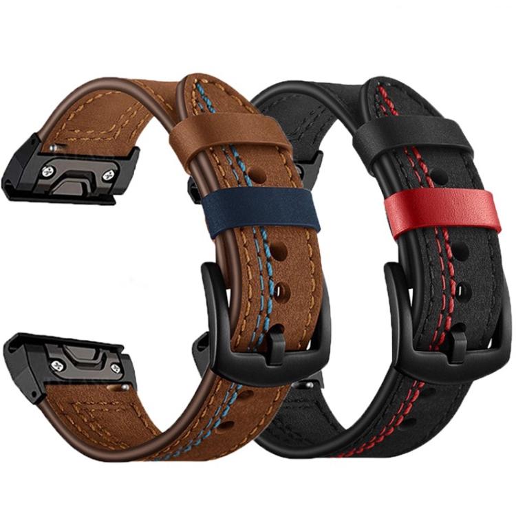 Brown and black leather Garmin watch bands with contrasting stitching and keepers