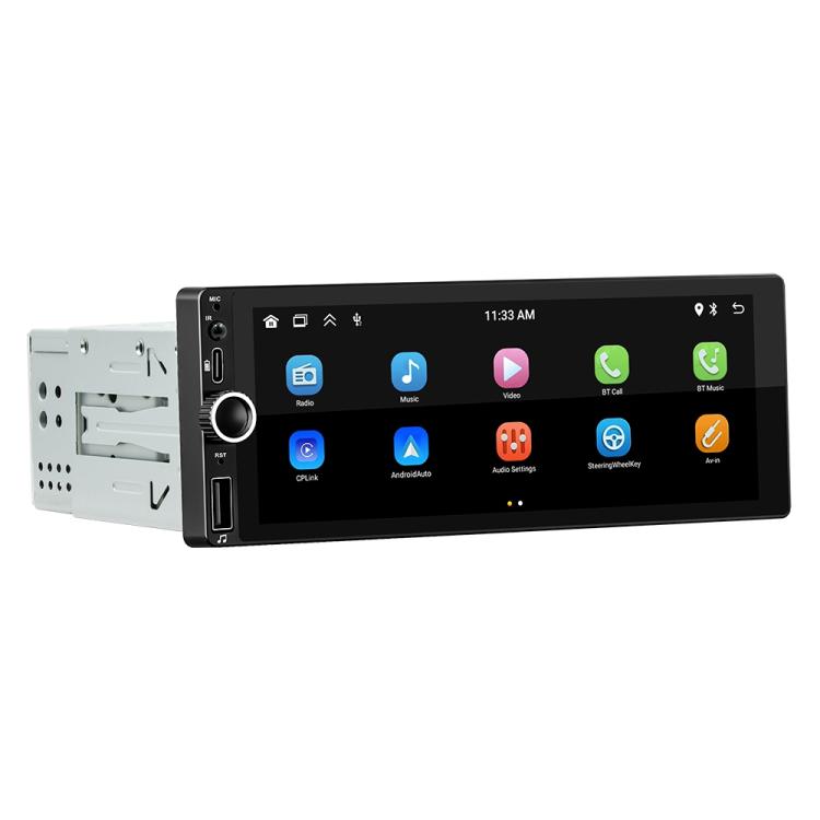 6.86-inch 1DIN MP5 car stereo with black touchscreen display and side ports