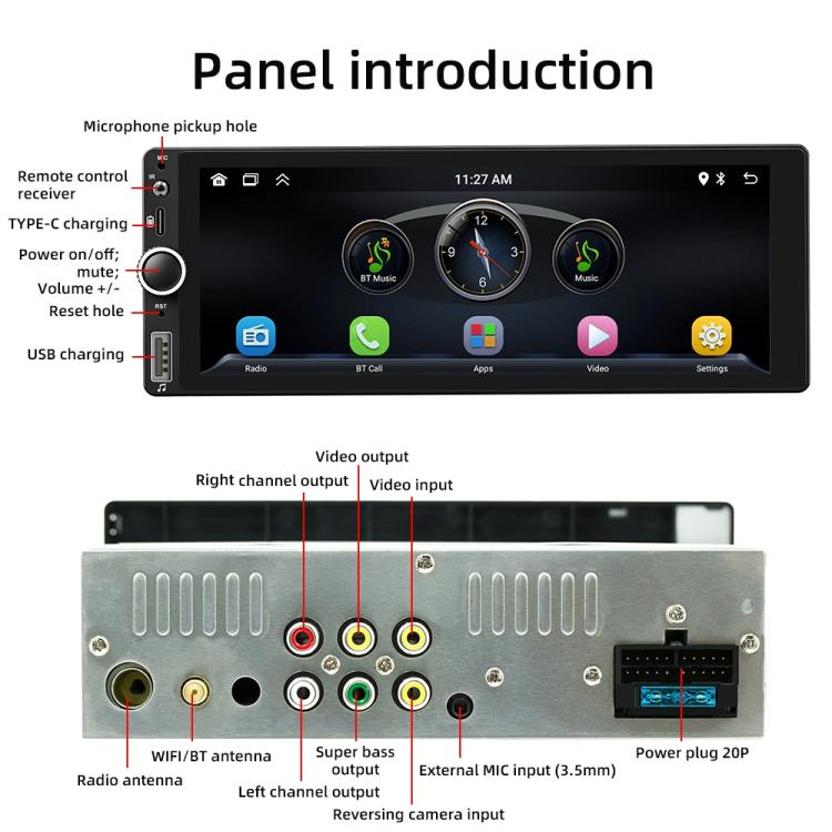 In-dash car stereo head unit front panel with touchscreen and visible audio/video ports