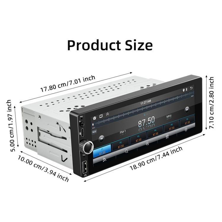 In-dash car stereo head unit size diagram with front touchscreen and control knob