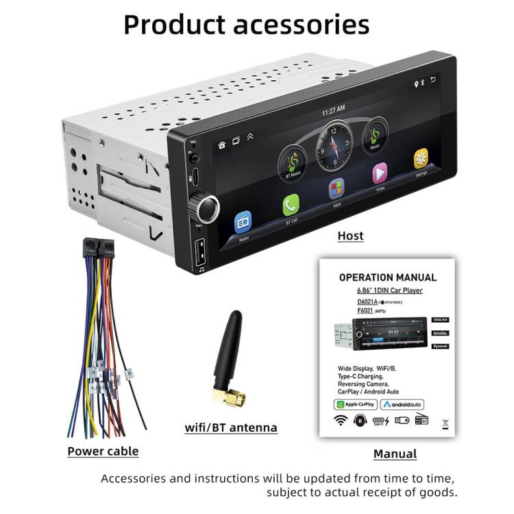 In-dash car stereo head unit bundle with touchscreen, power cable, and WiFi/BT antenna