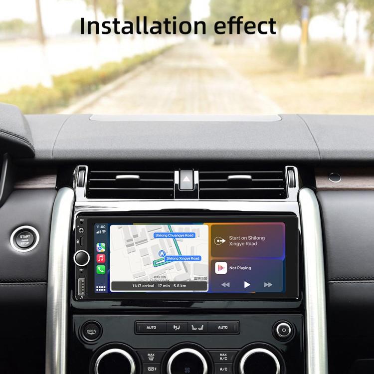 In-dash car stereo head unit installed in dashboard with touchscreen music app screen