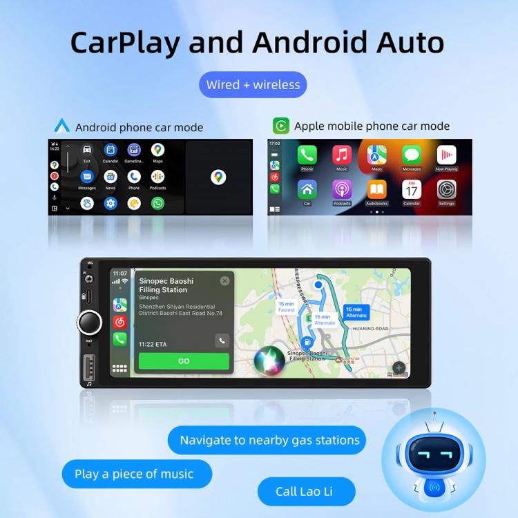 1DIN car MP5 player showing phone screen and navigation on 6.86-inch display