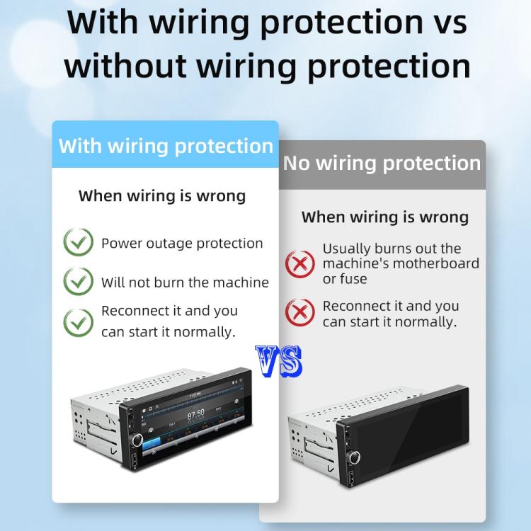 1DIN car MP5 player with wiring protection design, shown with front panel