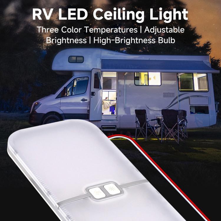 White RV LED roof light with oval front window and attached red/black power wires