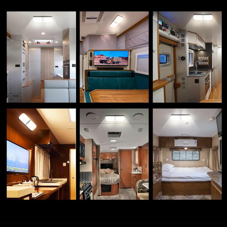 White RV LED ceiling roof light fixture installed in an RV interior