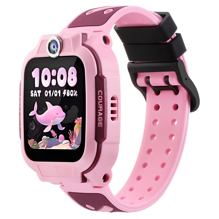 Pink two-tone silicone watch band with perforated strap and black buckle, shown on a kids' smartwatch