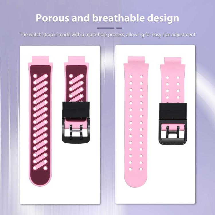 Pink two-tone silicone watch band with perforated straps and black buckle, shown from both sides