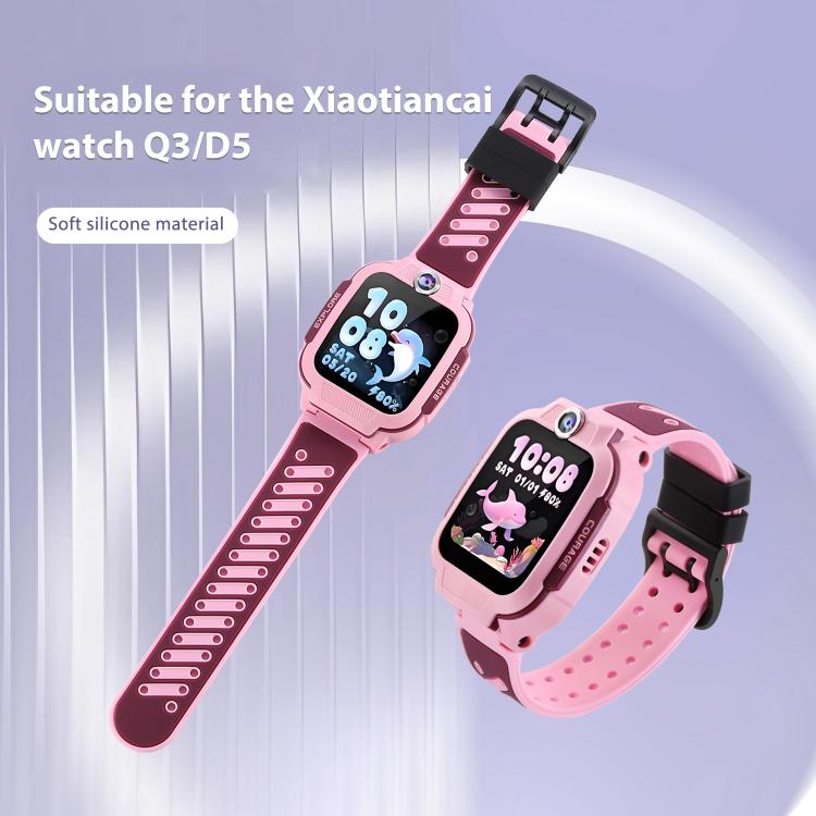 Pink two-tone silicone watch band with perforated straps and black buckle, attached to a kids' watch
