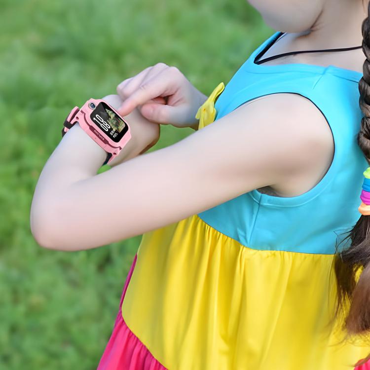 Pink watch band worn on a child's wrist, with a perforated strap and black buckle