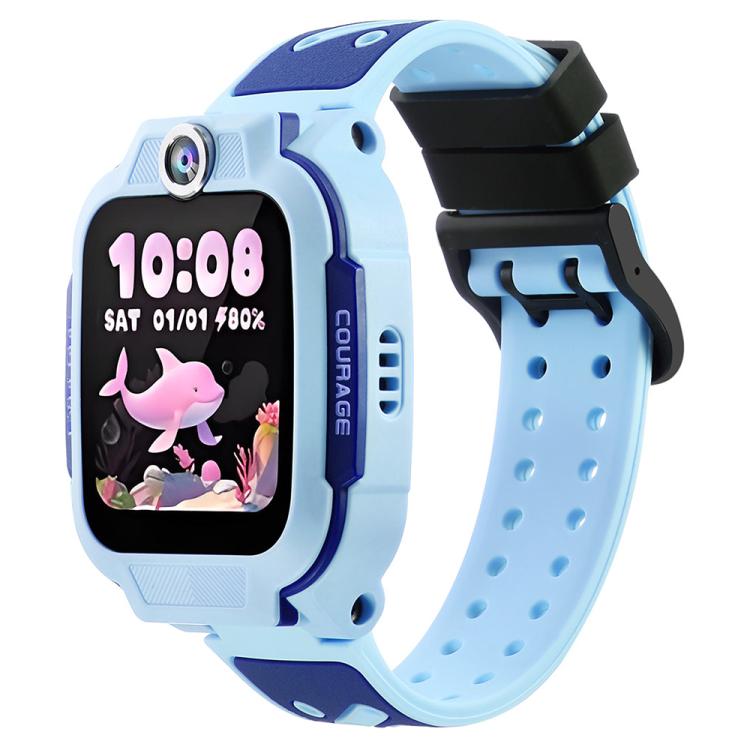 Light blue two-tone silicone watch band with perforated strap and black buckle, shown on a kids' smartwatch