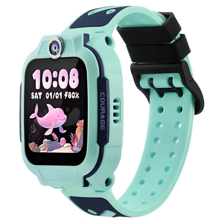 Mint green two-tone silicone watch band with perforated strap and black buckle, shown on a kids' smartwatch
