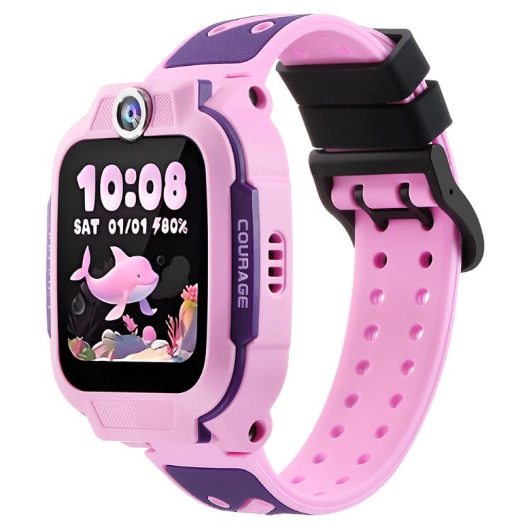 Pink two-tone silicone watch band with perforated strap and black buckle, shown on a kids' smartwatch