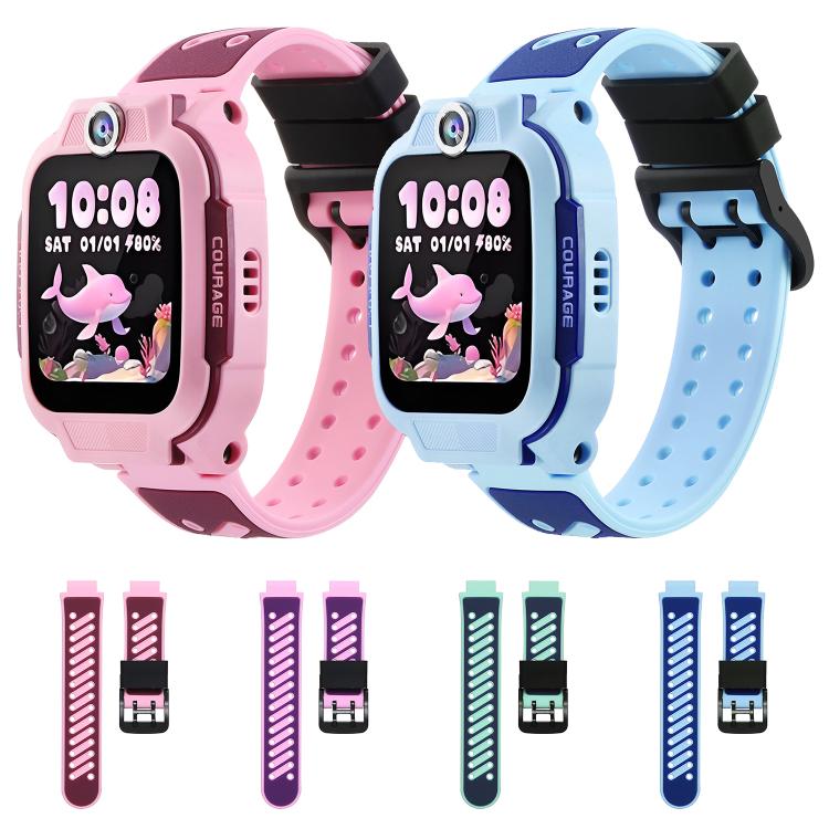 Two-tone silicone watch band set in pink and blue, shown on watches with spare straps in four colors