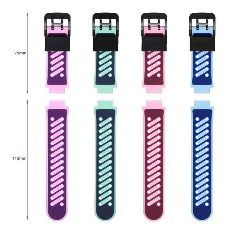Four two-tone silicone watch bands in pink, teal, purple, and blue, with buckle and strap lengths