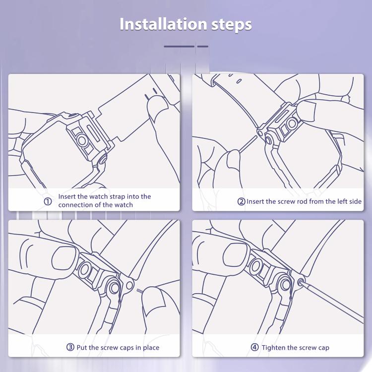 Watch band installation diagram showing strap connection, screw insertion, and tightening steps