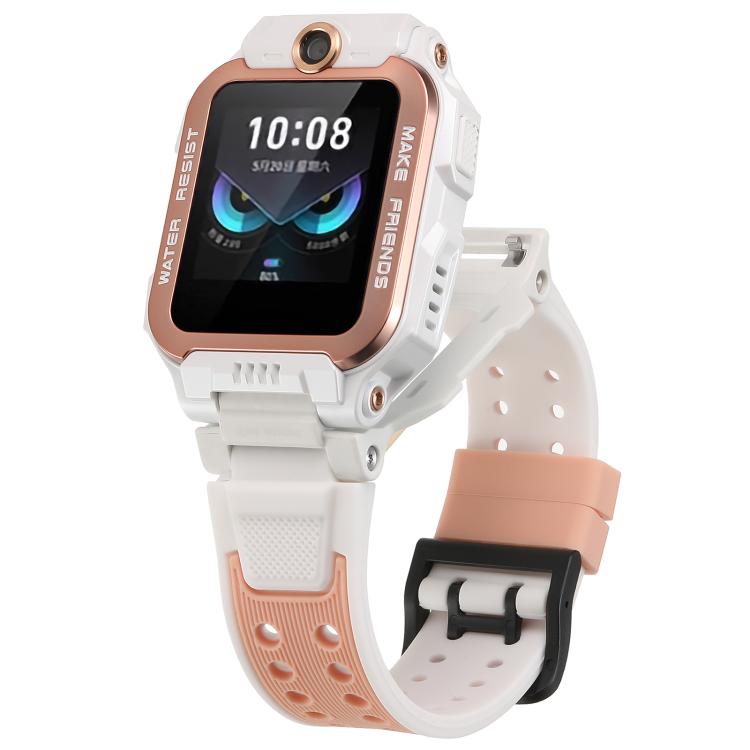 Kids' smartwatch with a white and peach silicone band and black buckle