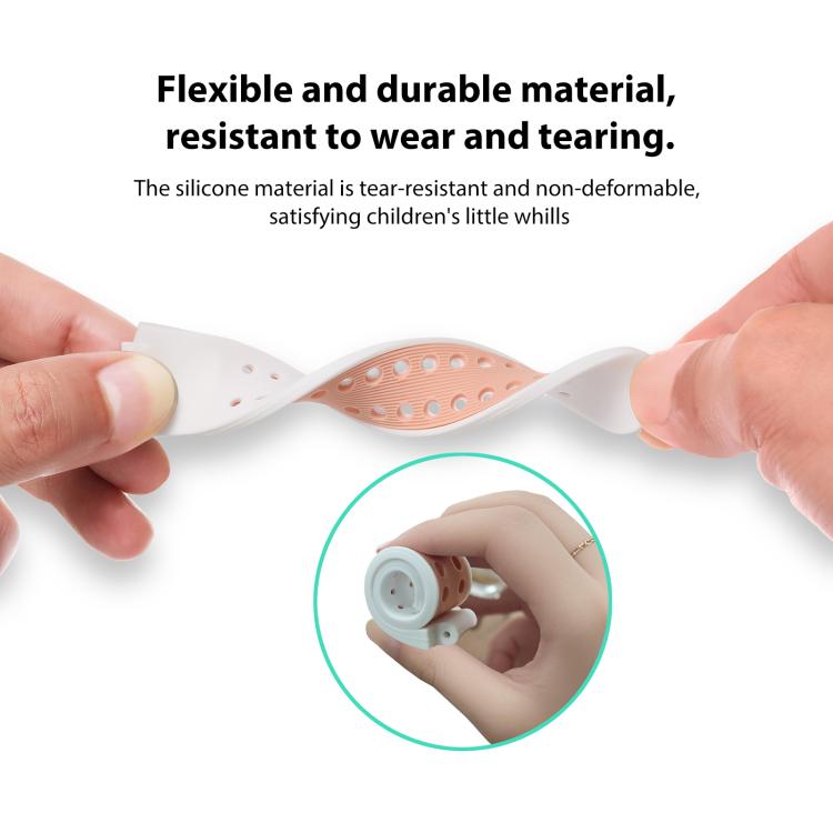 White and peach perforated silicone watch band flexed to show its flexibility