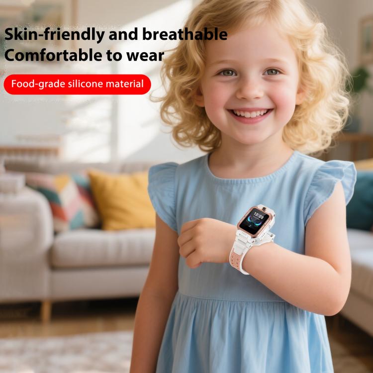Child wearing a smartwatch with a white and peach silicone band