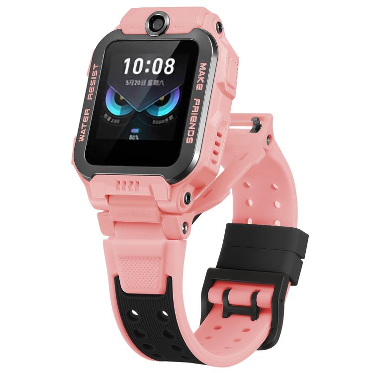 Kids' smartwatch with a pink silicone band, black accents, and perforated strap