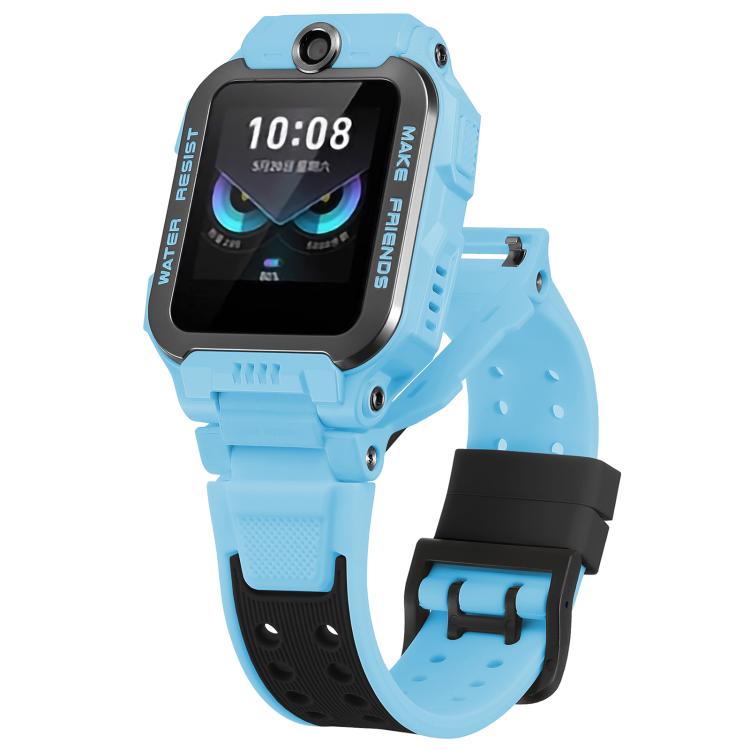 Kids' smartwatch with a blue silicone band, black accents, and perforated strap