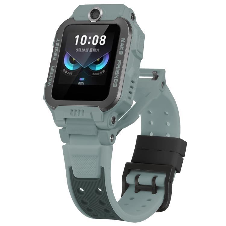 Kids' smartwatch with a gray-green silicone band, perforated strap, and black buckle