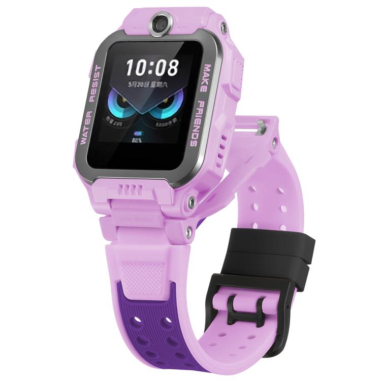 Kids' smartwatch with a light purple silicone band, dark purple accents, and perforations