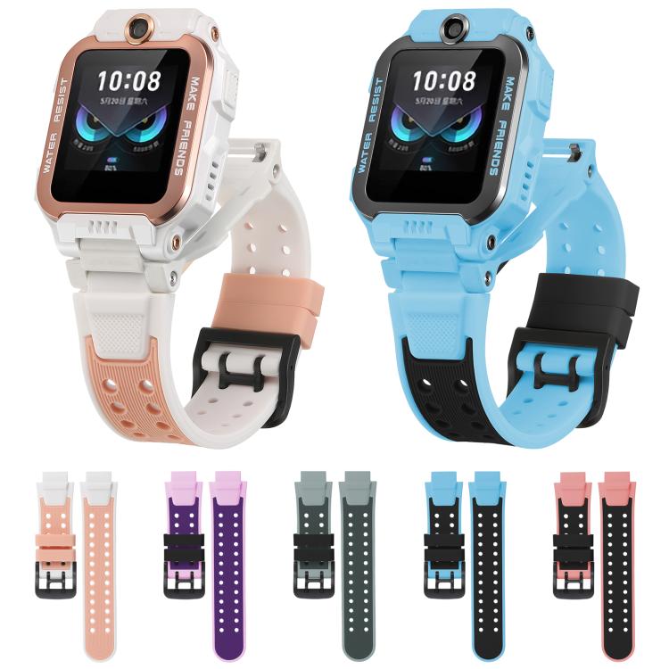 Two-row silicone watch bands with buckles in pink, blue and black, purple, and dark gray