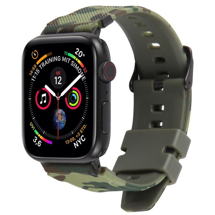 xDfind camouflage silicone watch band shown on a black smartwatch, green pattern