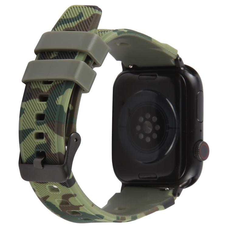 Green camouflage silicone watch band on a smartwatch, shown from the back