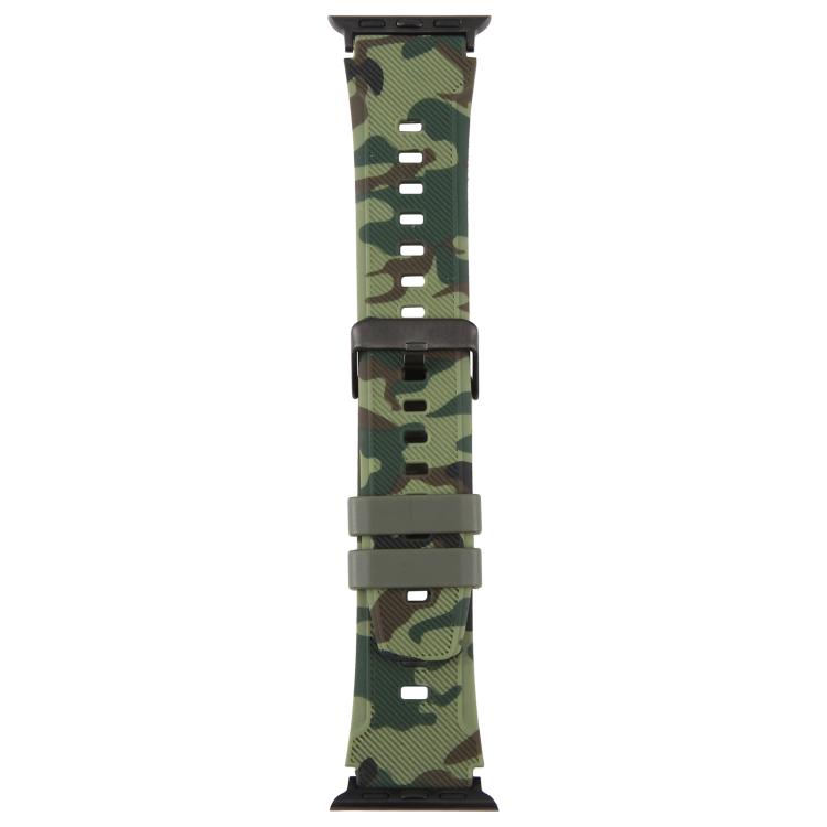 Green camouflage silicone watch band with adjustment holes and two keepers