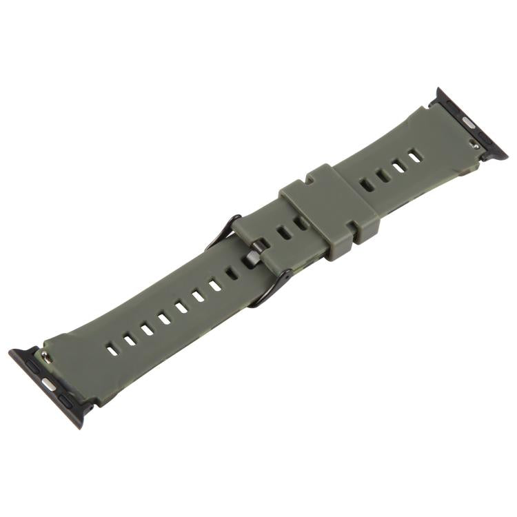 Solid dark green silicone watch band with adjustment holes and black connectors
