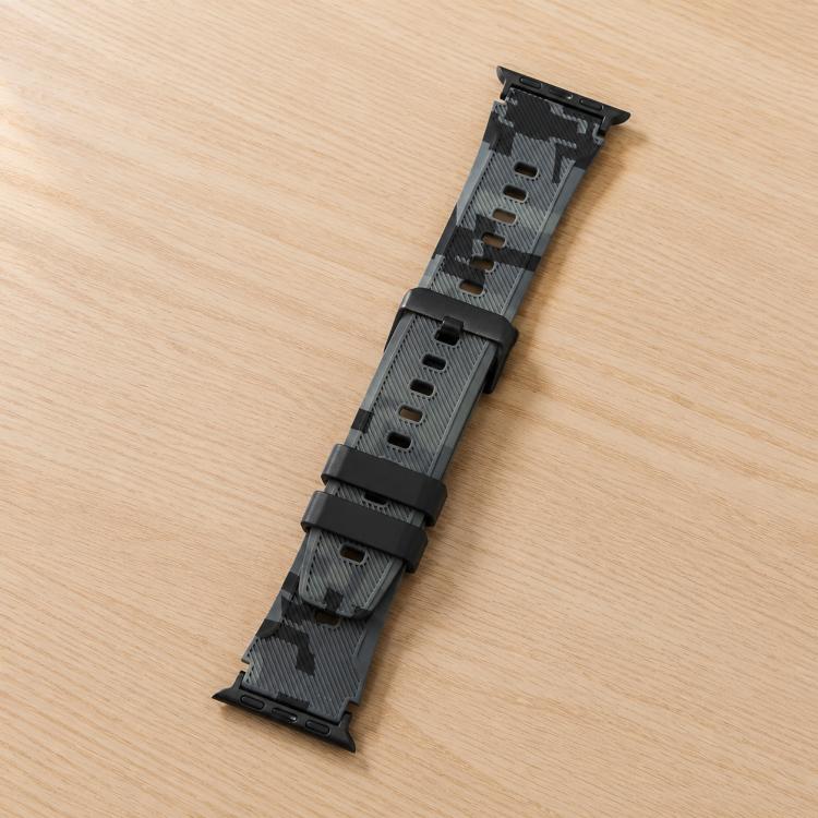 Gray camouflage silicone watch band with adjustment holes and black keepers