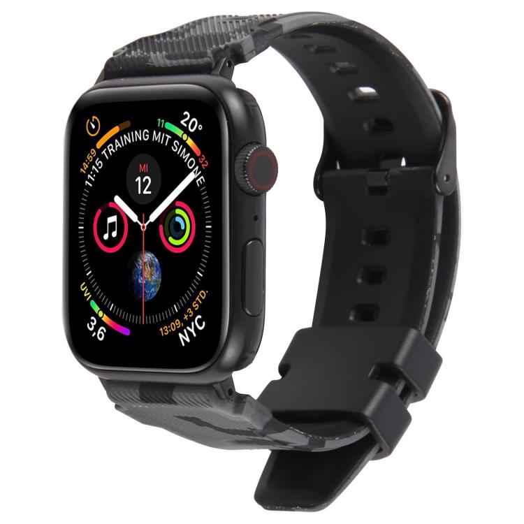 Gray camouflage silicone watch band fitted to a black smartwatch
