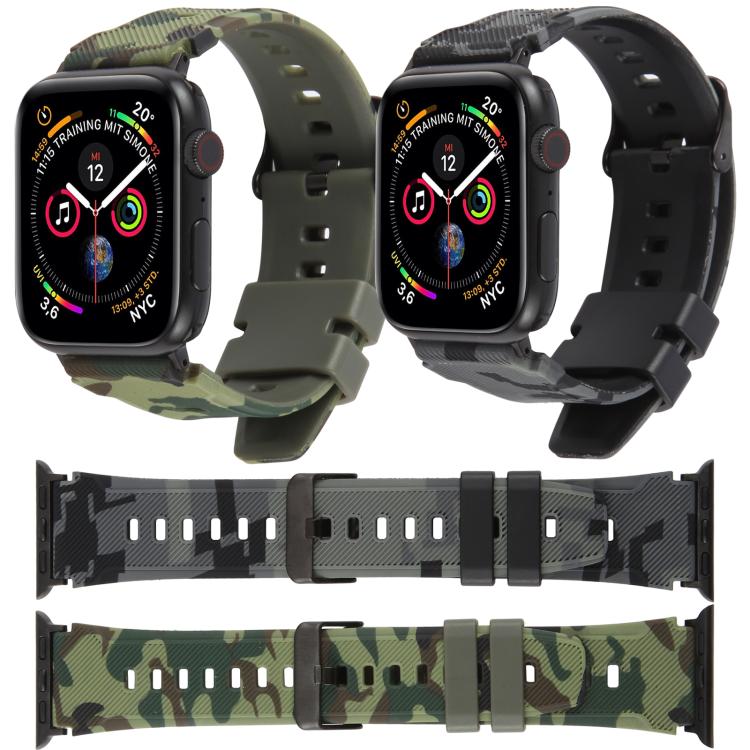 Green and gray camouflage silicone watch bands shown on watches and separately